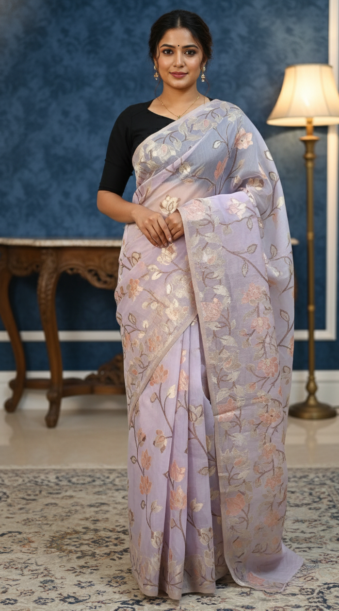 Elegant Lavender Muga Tassar Jamdani Saree