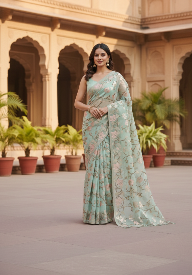 Premium Muga Tassar Jamdani Saree – Elegant Pastel Green with Floral Weaves | Handwoven Bengal Jamdani | Exclusive Designer Saree for Wedding & Festive Wear