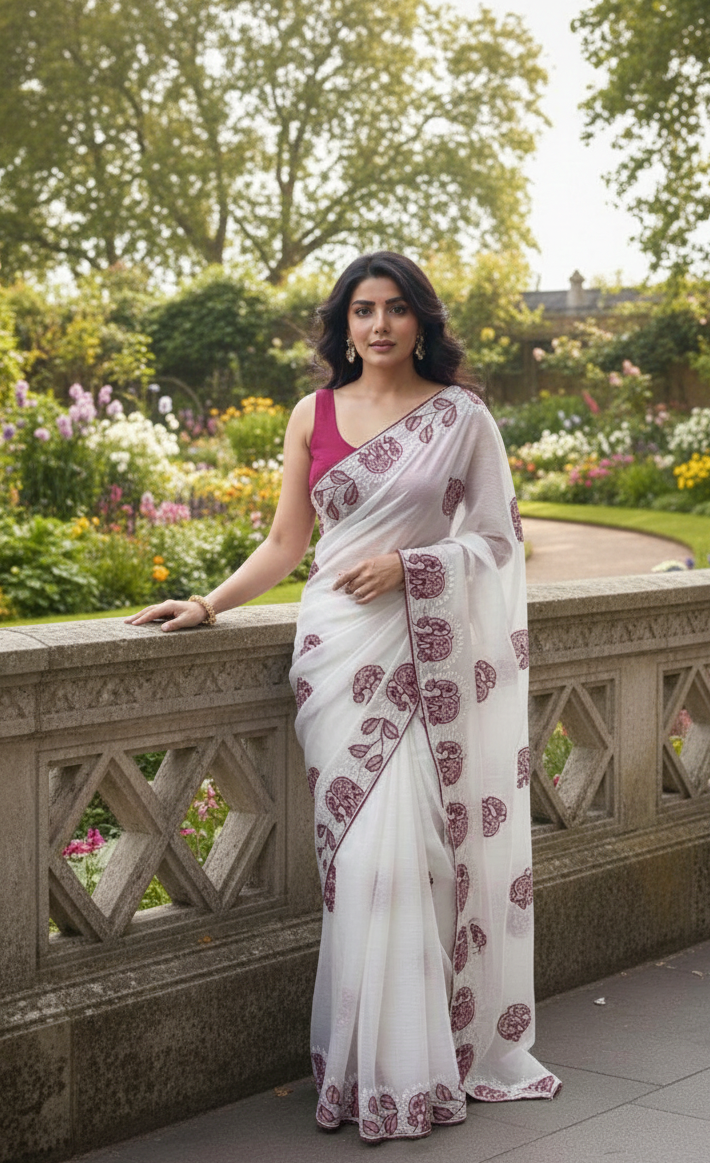 Trendy Chiffon Saree with C-Pallu Elephant Embroidery Border