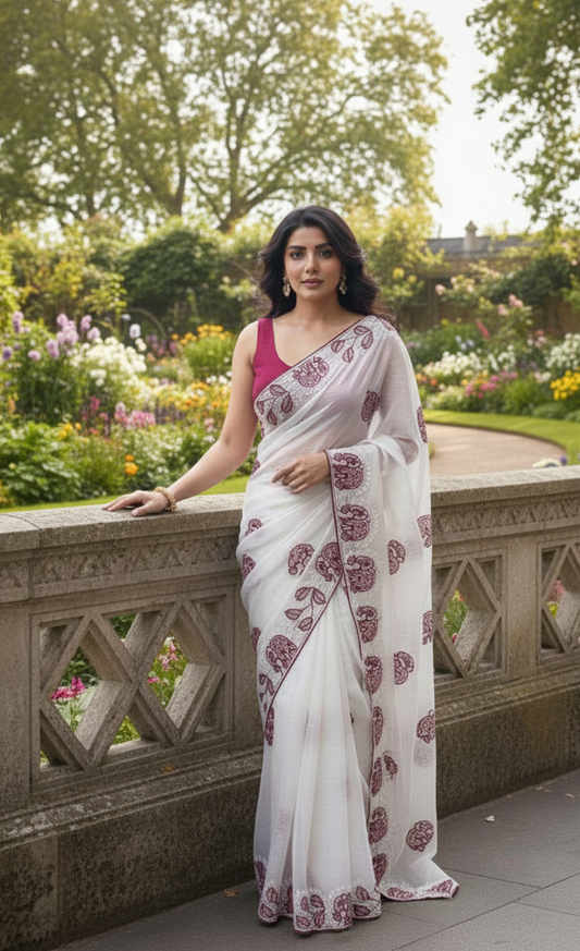 Trendy Chiffon Saree with C-Pallu Elephant Embroidery Border & Matching Blouse Piece | Lightweight Party & Festive Wear Saree