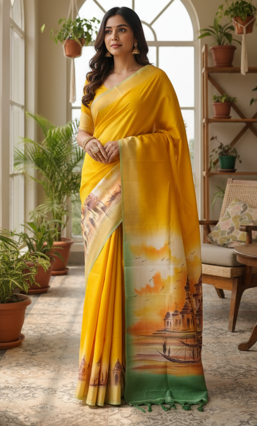 Premium digital printed Pure Bishnupuri Silk Saree with Blouse Piece – Temple Design & Artistic Work