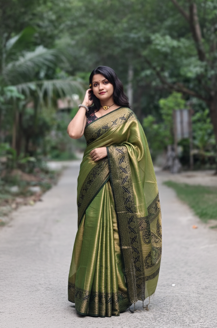 Handwoven Tissue Silk Saree with Woven Zari Border & Pallu | Diwali & Festive Party Wear