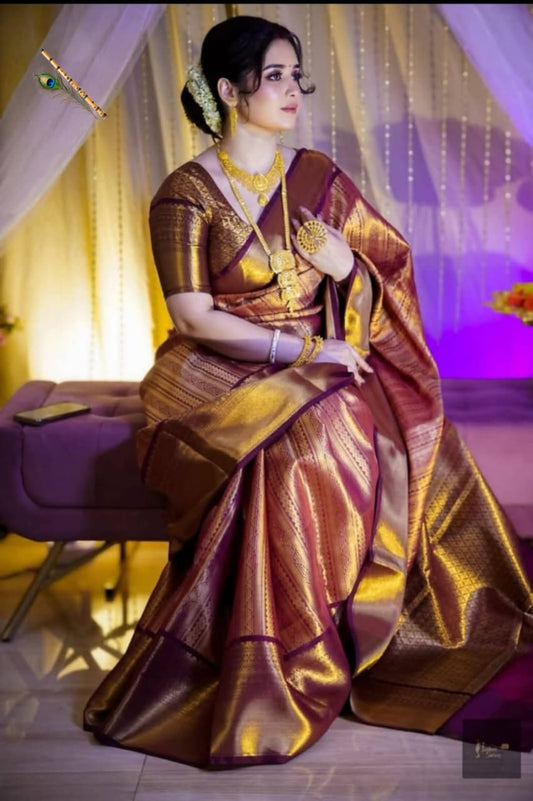 Pure Tissue Kanchipuram Silk Saree with Blouse Piece | Premium Gold Zari Wedding Saree