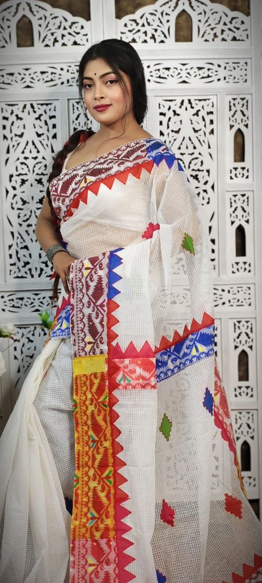 Handwoven Cotton Saree with Colorful Jamdani Border – Traditional Ethnic Wear