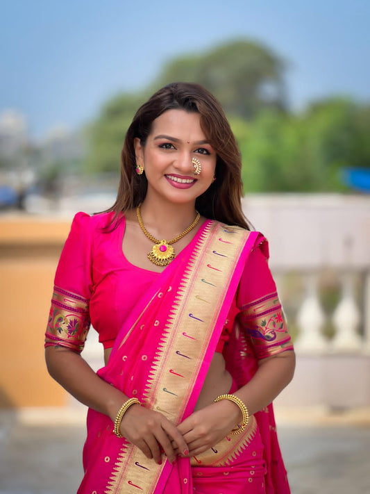 Soft Paithani Silk Saree with Zari Bindi Weaving, Meenakari Peacock Pallu, Munia Border & Silk Blouse Piece