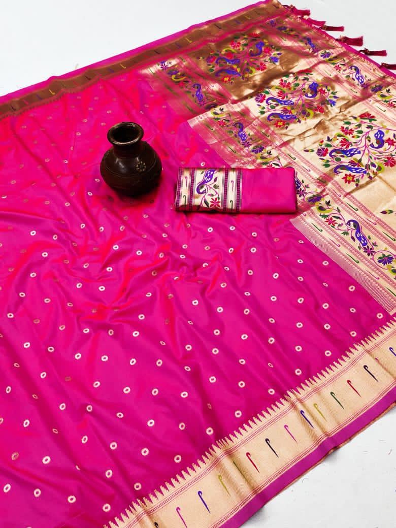 Soft Paithani Silk Saree with Zari Bindi Weaving.