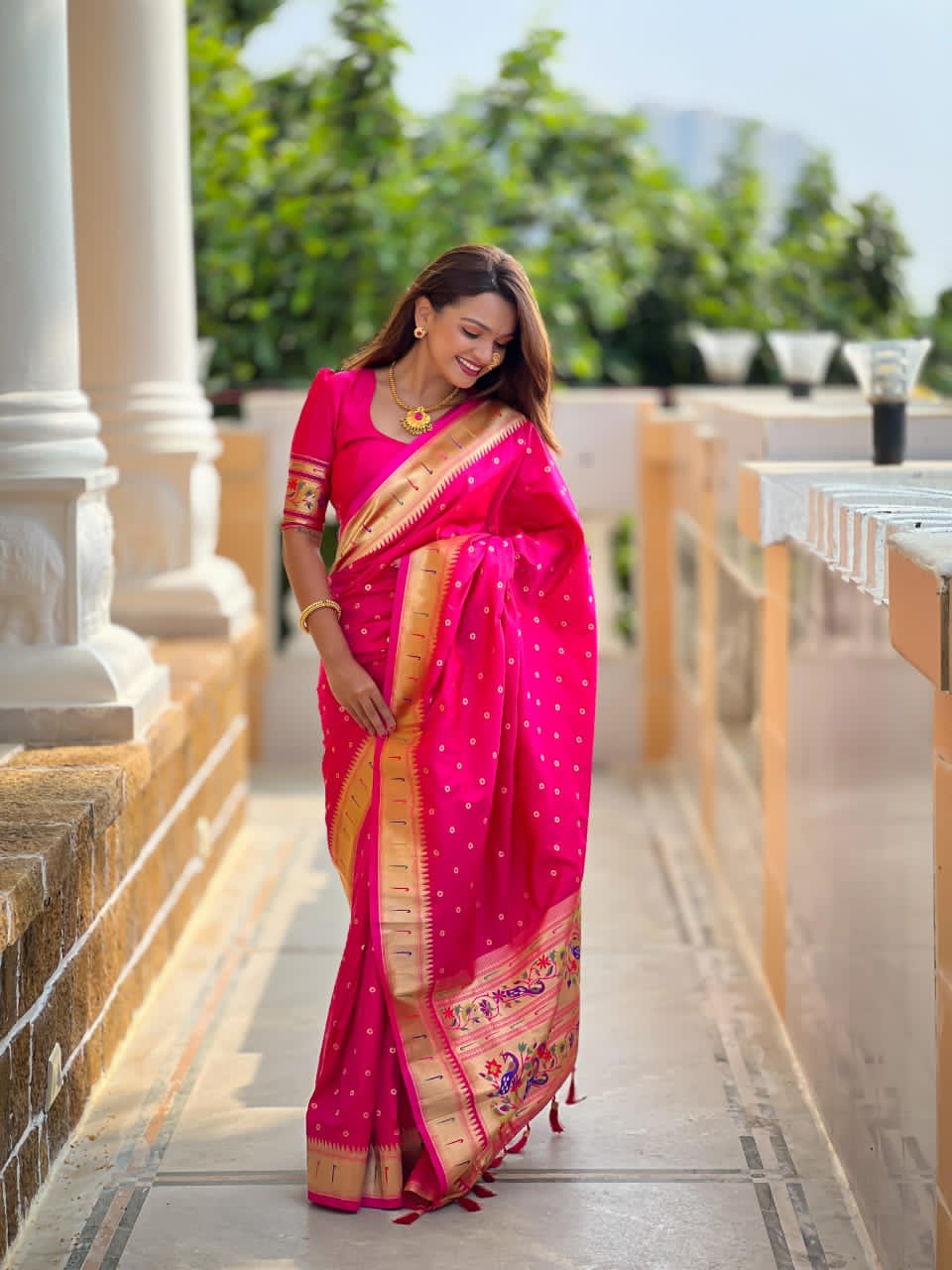 Soft Paithani Silk Saree with Zari Bindi Weaving, Meenakari Peacock Pallu, Munia Border & Silk Blouse Piece