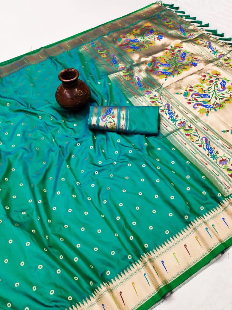 Soft Paithani Silk Saree with Zari Bindi Weaving.
