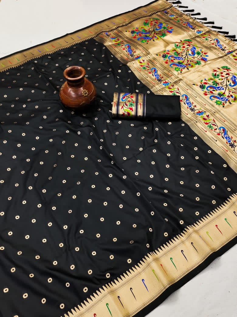Soft Paithani Silk Saree with Zari Bindi Weaving.