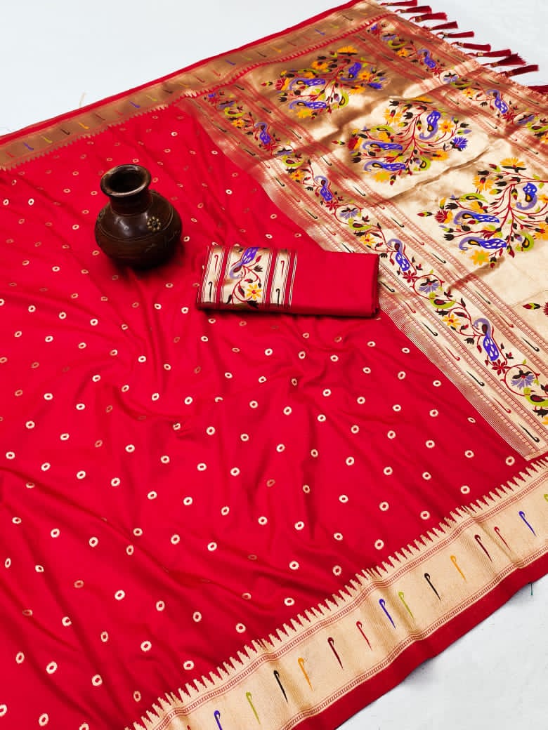 Soft Paithani Silk Saree with Zari Bindi Weaving, Meenakari Peacock Pallu, Munia Border & Silk Blouse Piece