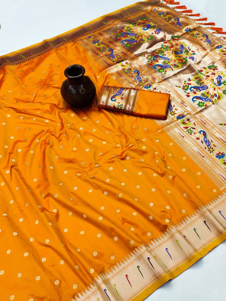 Soft Paithani Silk Saree with Zari Bindi Weaving, Meenakari Peacock Pallu, Munia Border & Silk Blouse Piece