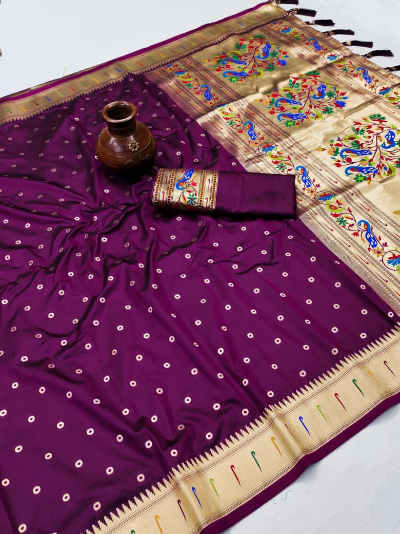 Soft Paithani Silk Saree with Zari Bindi Weaving.