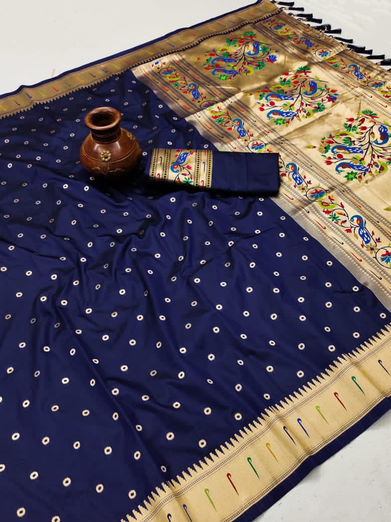 Soft Paithani Silk Saree with Zari Bindi Weaving.