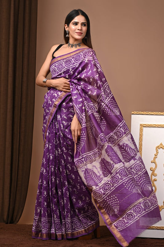 Premium Maheshwari Silk Saree in Royal Purple | Handcrafted Block Print | Traditional Indian Saree Collection