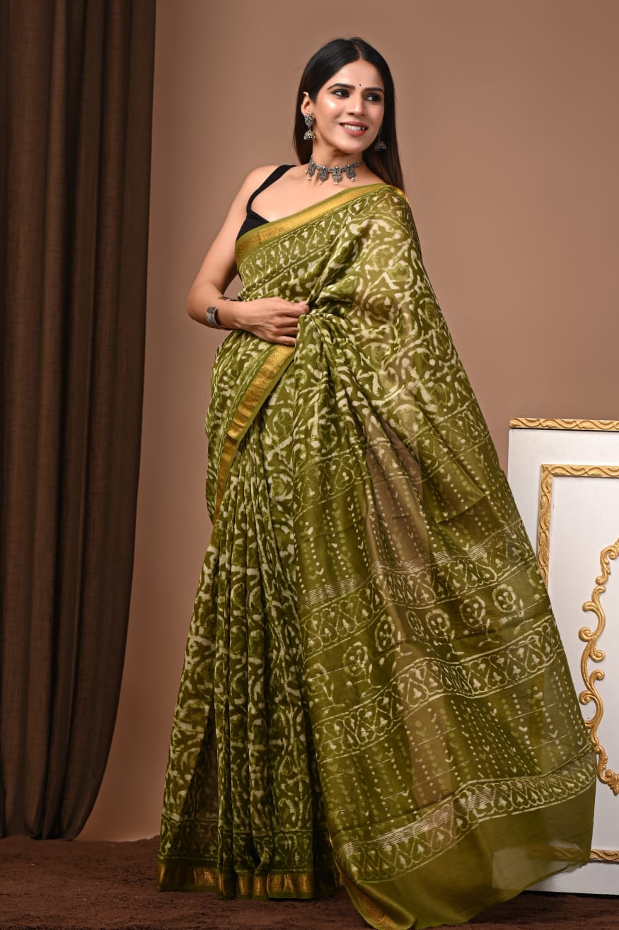 Exclusive Olive Green Traditional Block Print Maheshwari Silk Saree