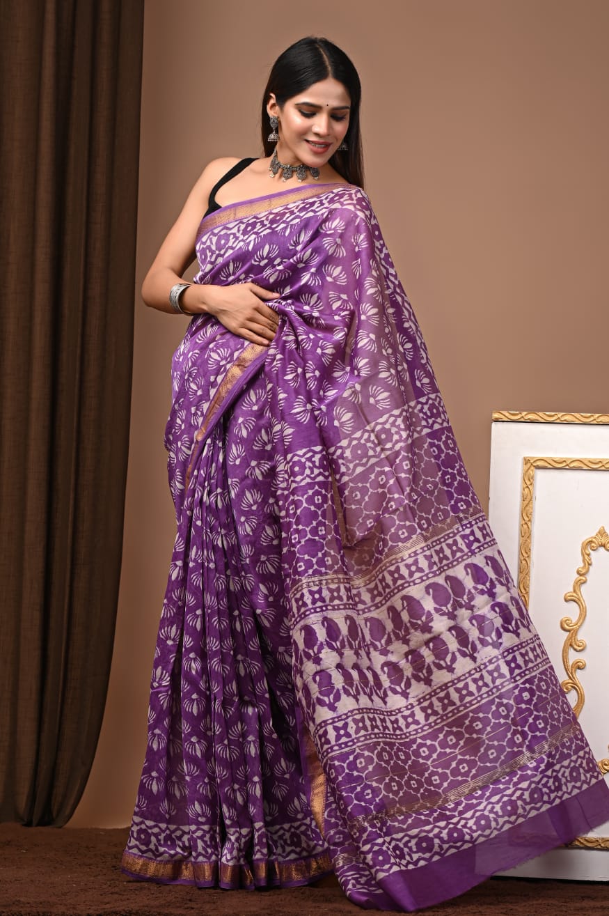 Royal Purple Traditional Hand Block Print Maheshwari Silk Saree with Zari Border – Pure Handloom Elegance