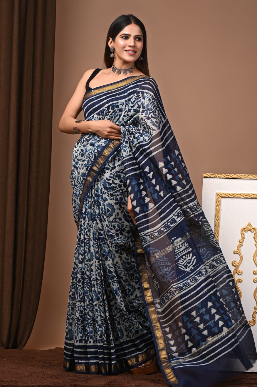 Navy Blue Traditional Hand Block Print Maheshwari Silk Saree with Zari Border – Pure Handloom Artistry by Tiyaz