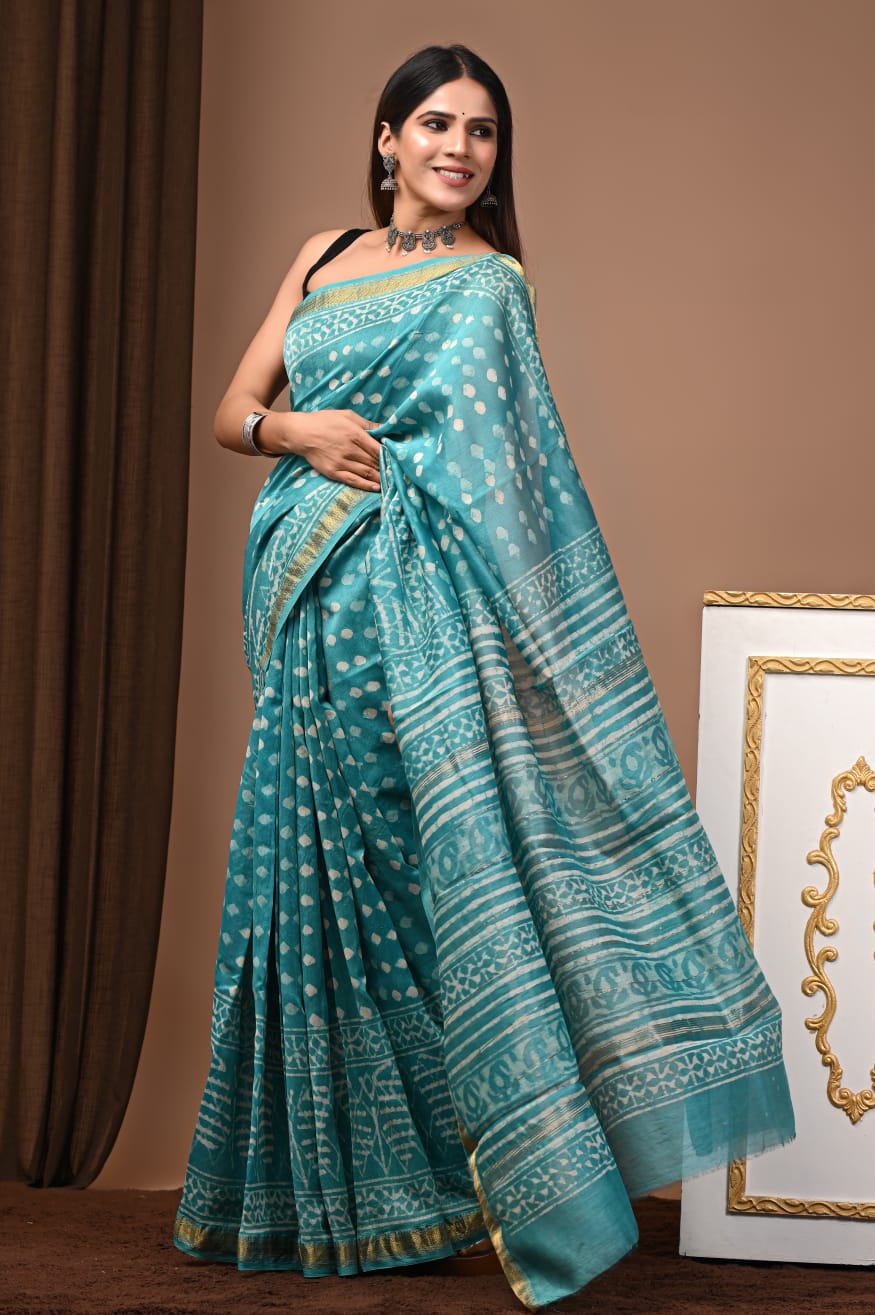 Turquoise Blue Traditional Hand Block Print Maheshwari Silk Saree with Golden Zari Border – Pure Handloom Elegance