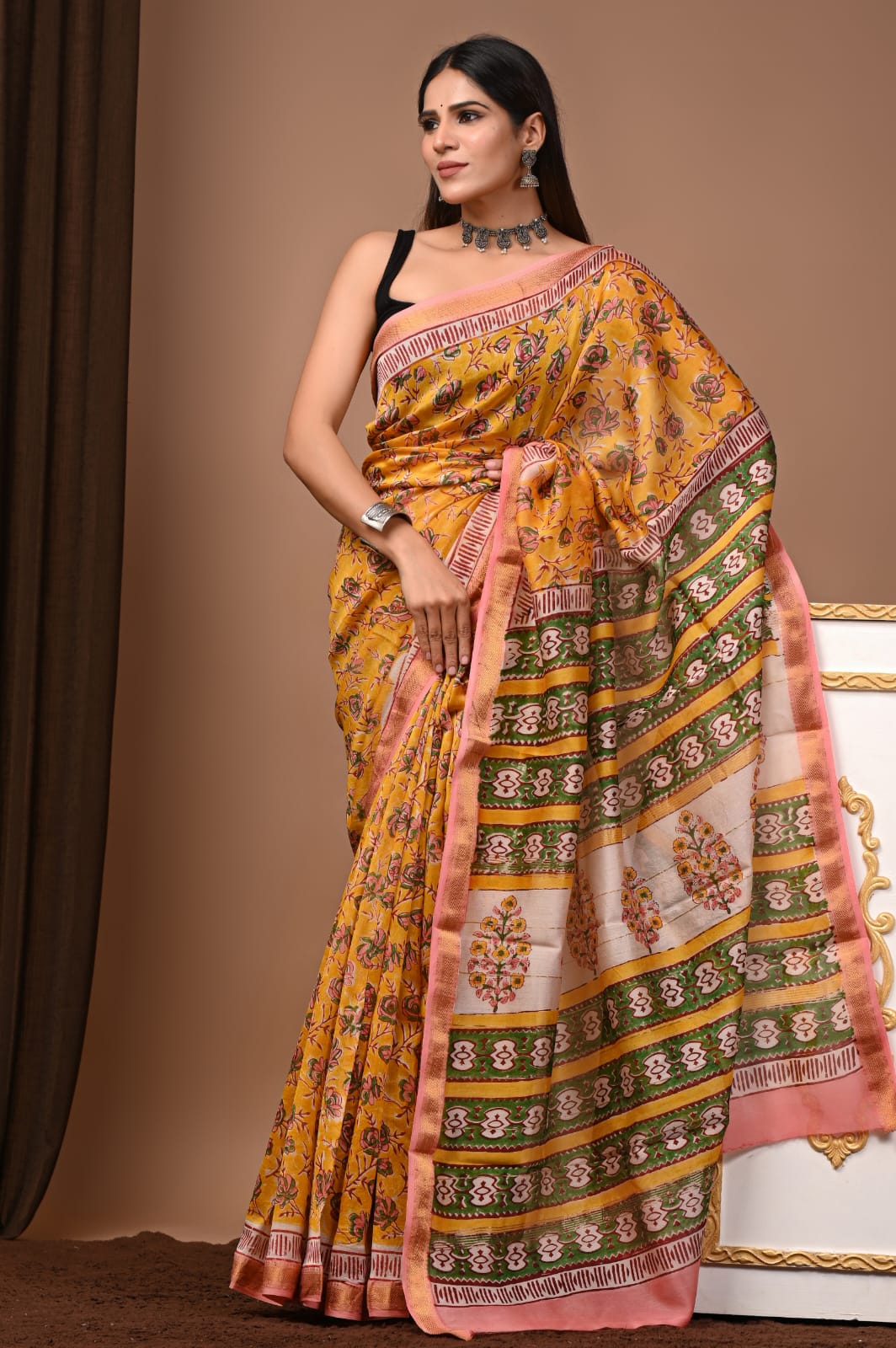 Exclusive  Traditional Block Print Maheshwari Silk Saree with Zari Border | Handloom Saree by Tiyaz