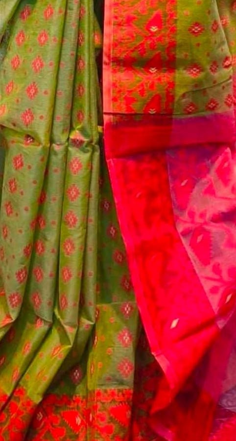 Elegant Green & Red Mina Work Dhakai Jamdani Saree with Blouse Piece | Handwoven Pure Cotton Saree | Traditional Bengali Weaving for Festive & Wedding Wear