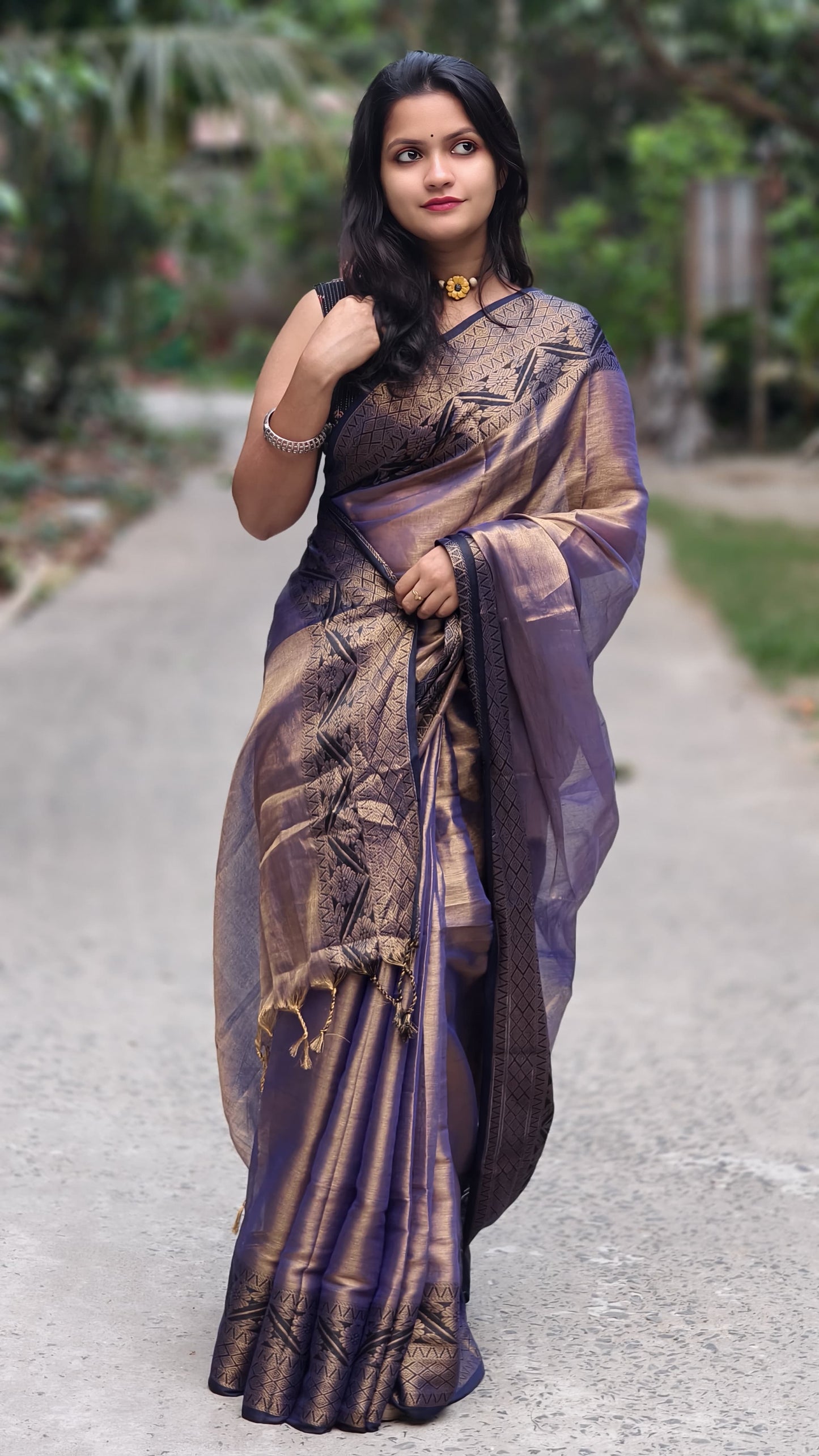Elegant Purple & Gold Tissue Handloom Saree | Lightweight Festive Wear Saree with Zari Border | Traditional Banarasi-Style Tissue Silk Saree for Wedding & Party
