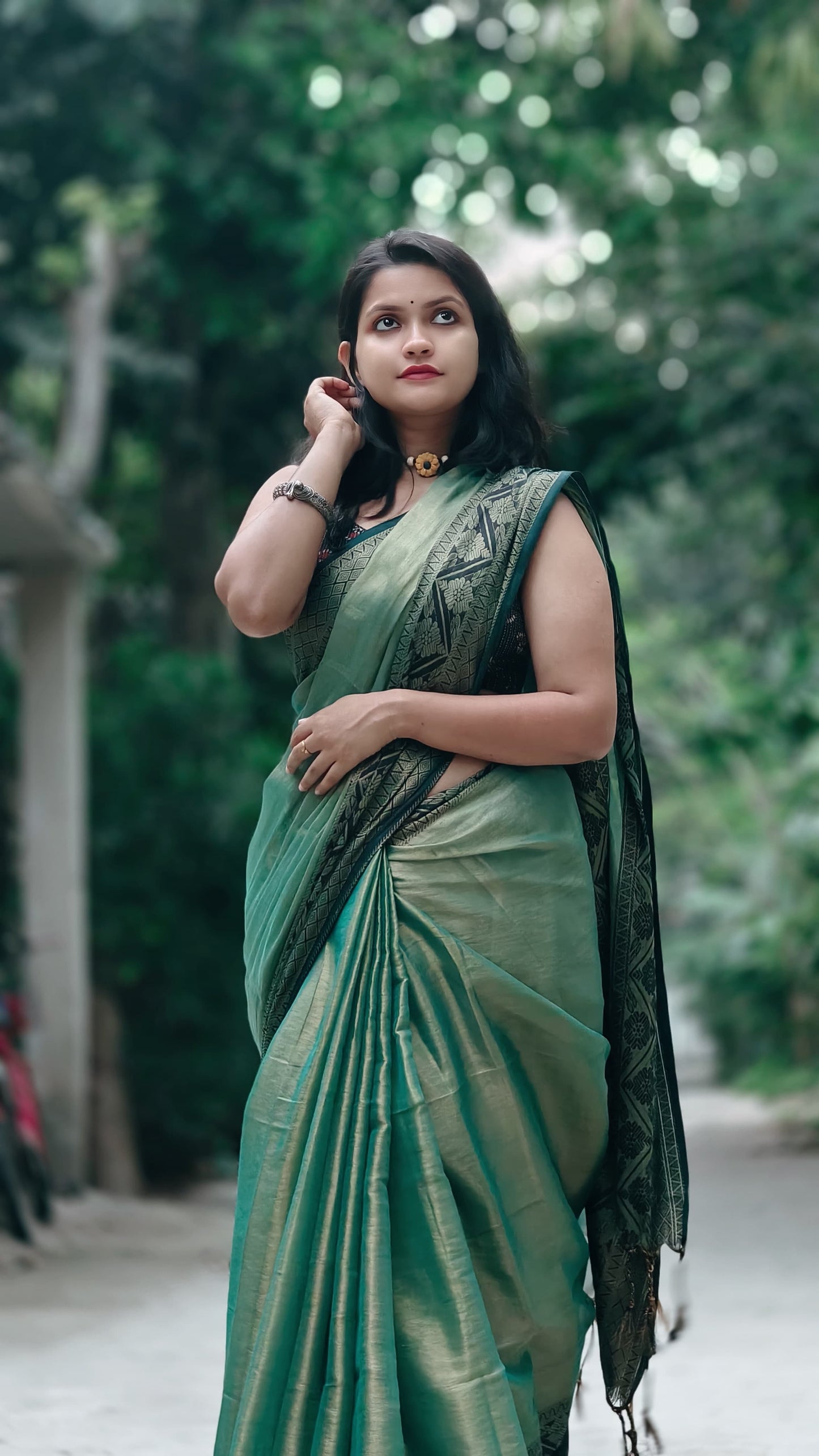 Handwoven Tissue Silk Saree with Rich Zari Brocade Pallu | Lustrous Green | Festive & Wedding Wear