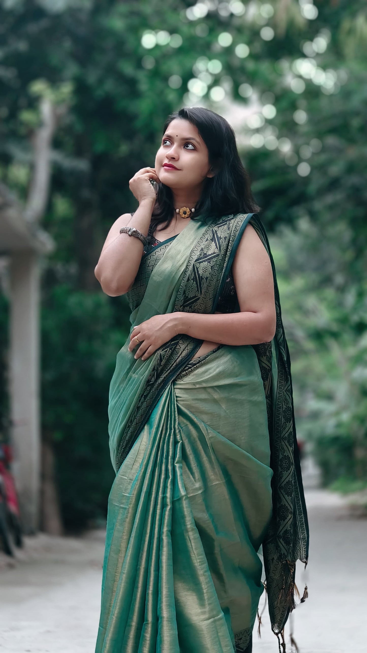 Handwoven Tissue Silk Saree with Rich Zari Brocade Pallu | Lustrous Green | Festive & Wedding Wear