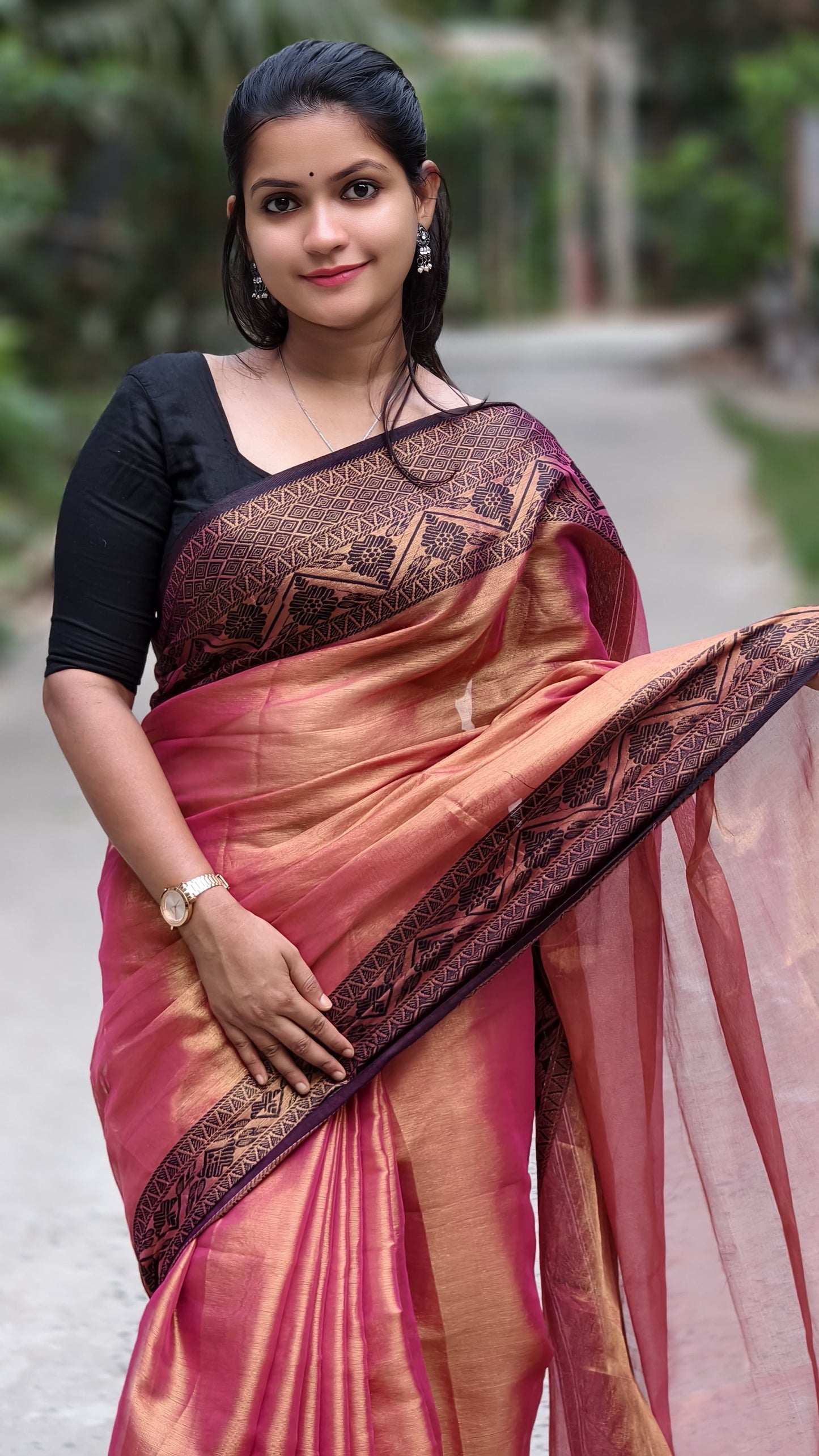 Elegant Rose Gold Tissue Handloom Saree with Contrast Black Zari Border | Traditional Festive & Wedding Wear Silk Saree for Women