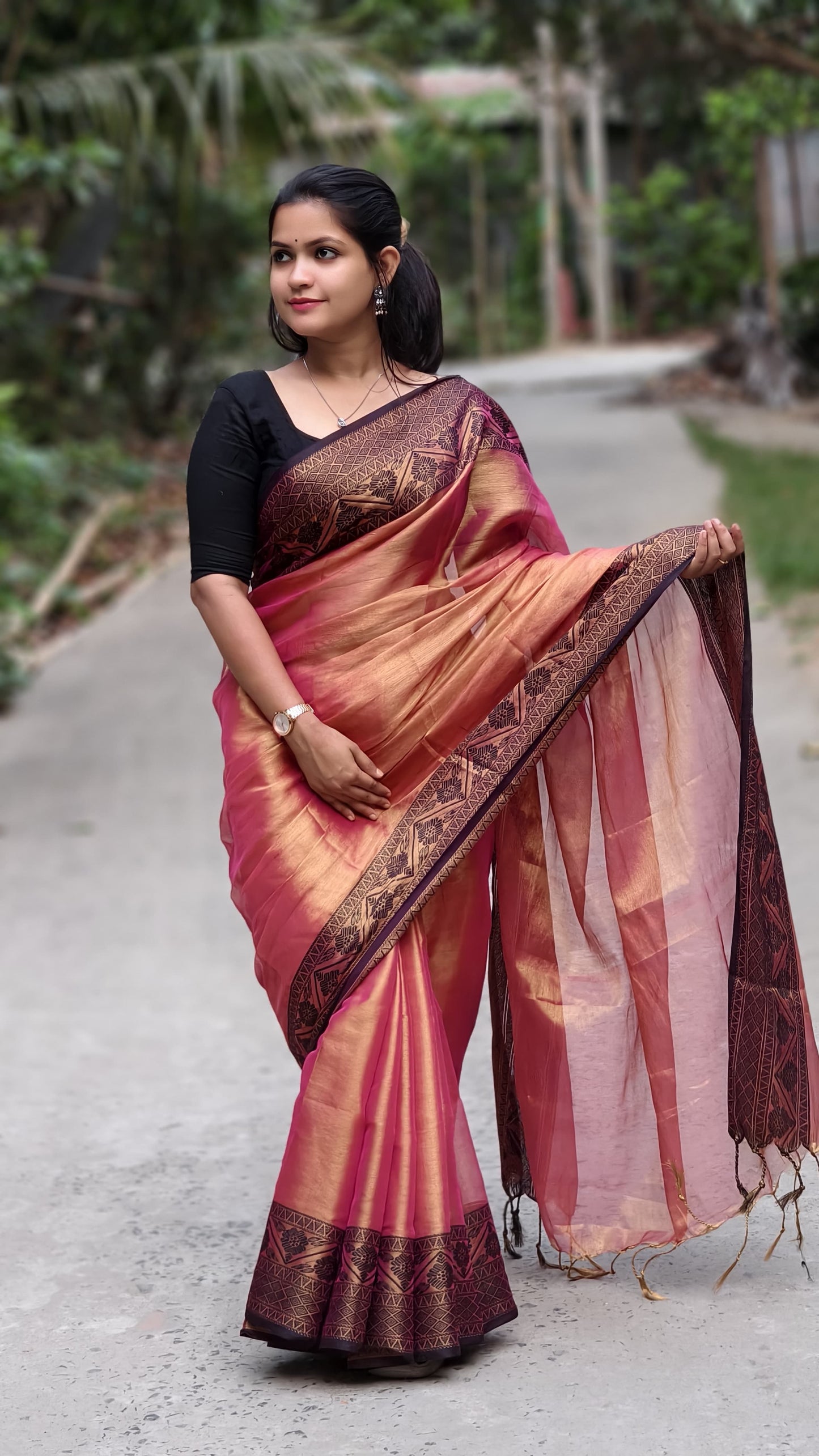 Elegant Rose Gold Tissue Handloom Saree with Contrast Black Zari Border | Traditional Festive & Wedding Wear Silk Saree for Women