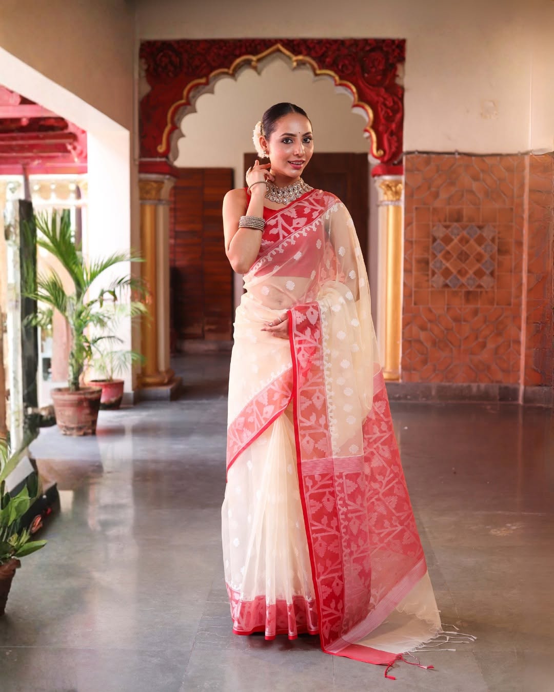 Banarasi Kora Organza Soft Silk Saree with Intricate Red Border & Traditional Weaving