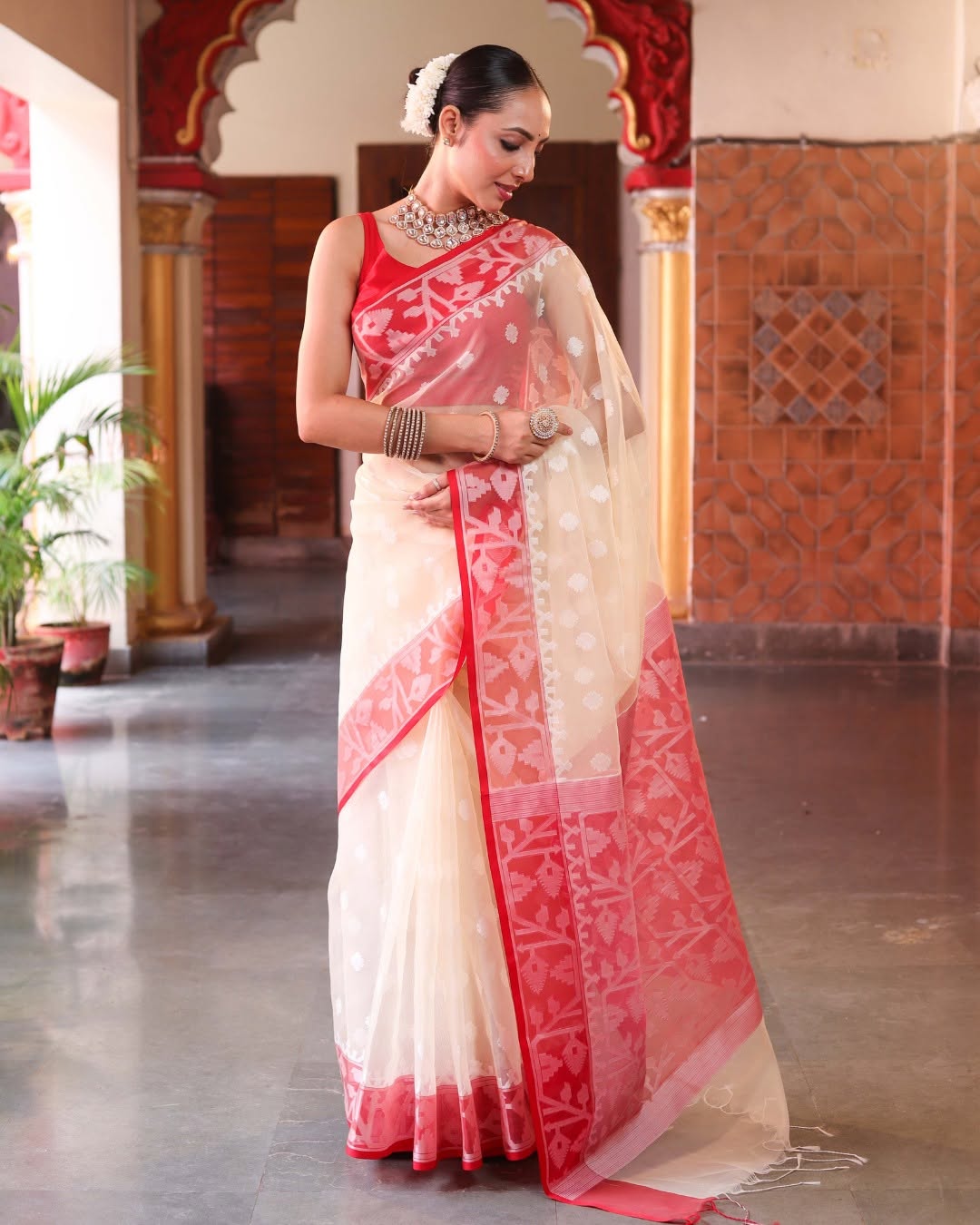 Banarasi Kora Organza Soft Silk Saree with Intricate Red Border & Traditional Weaving
