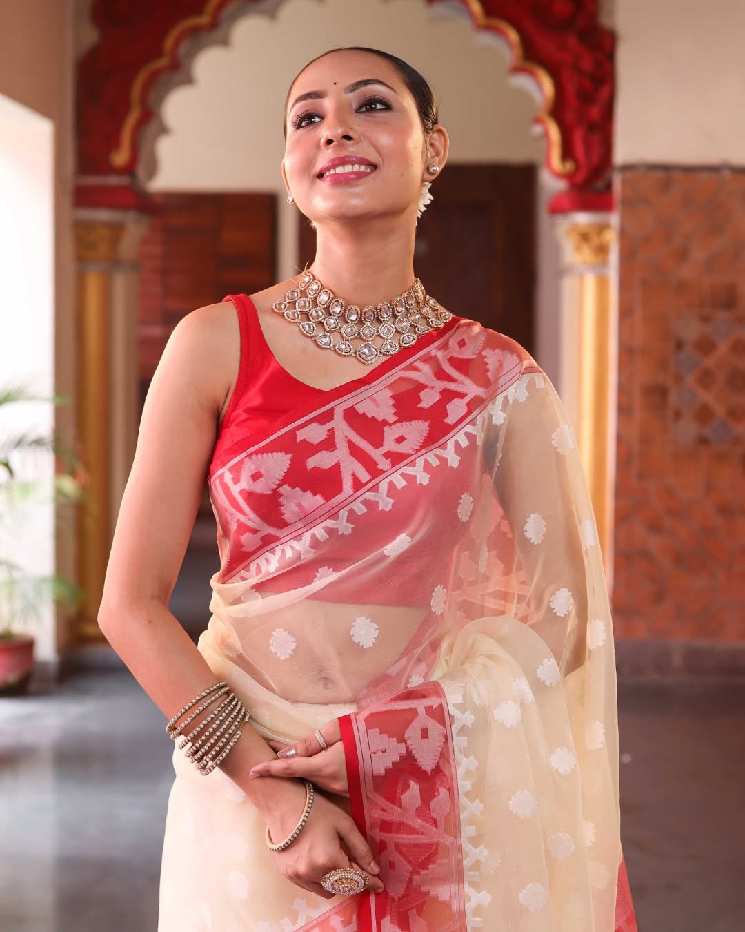 Banarasi Kora Organza Soft Silk Saree with Intricate Red Border & Traditional Weaving