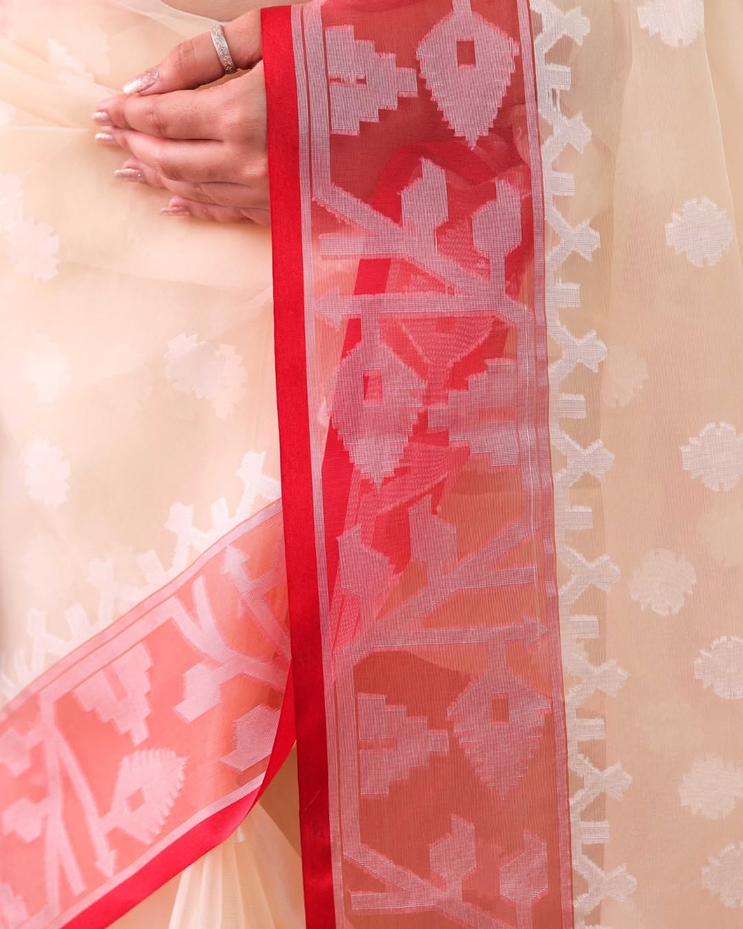 Banarasi Kora Organza Soft Silk Saree with Intricate Red Border & Traditional Weaving