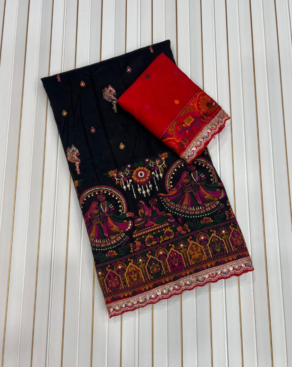 Pure Rajwadi Pashmina Silk Saree with Kashmiri Thread Work Pallu & Heavy Zari Weaving Border – Soft Pashmina Silk Saree with Butti Blouse