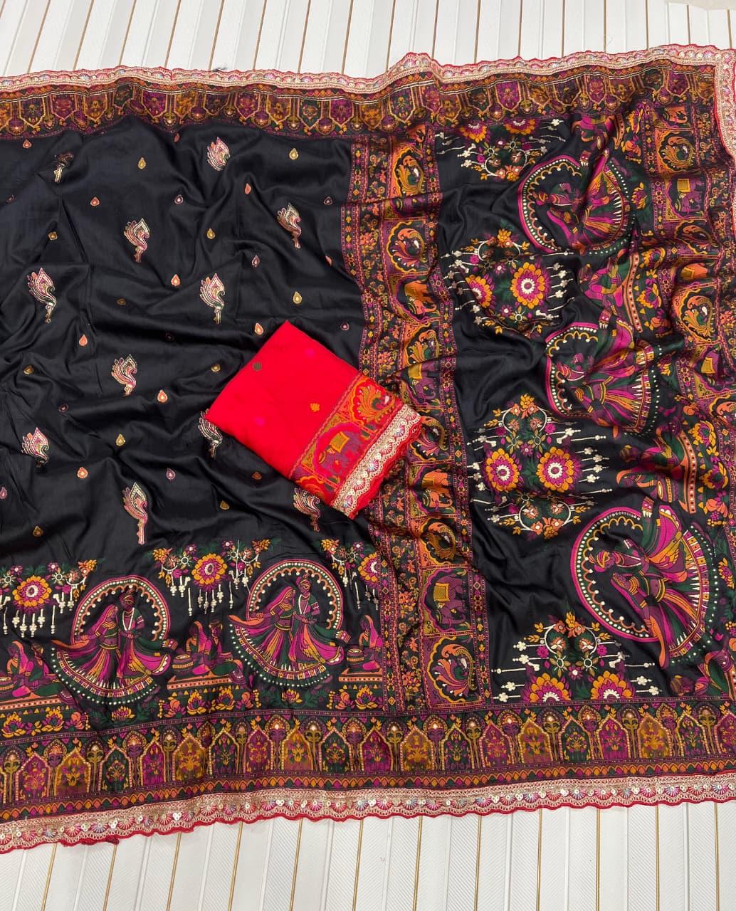 Pure Rajwadi Pashmina Silk Saree with Kashmiri Thread Work Pallu & Heavy Zari Weaving Border – Soft Pashmina Silk Saree with Butti Blouse