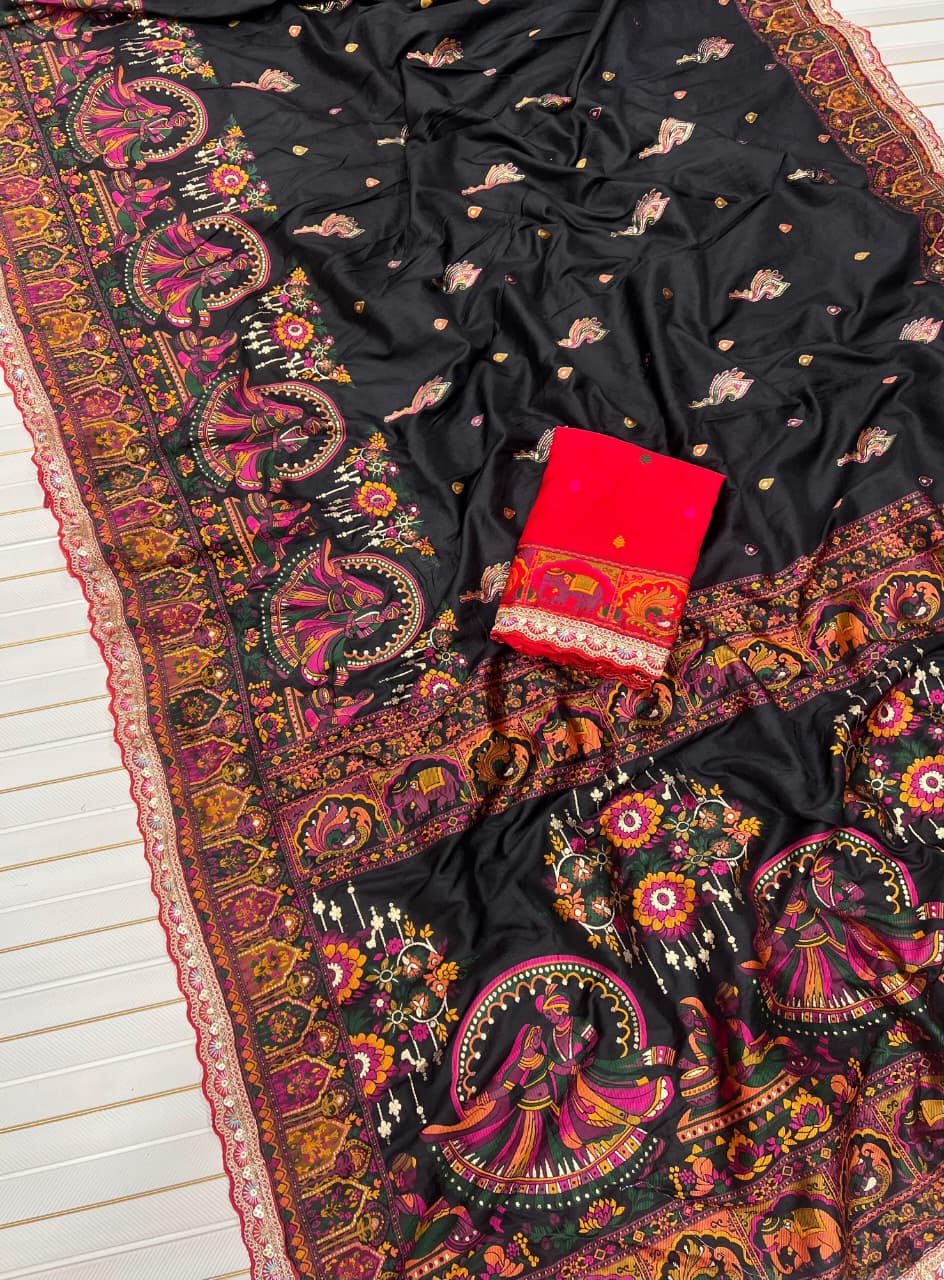 Pure Rajwadi Pashmina Silk Saree with Kashmiri Thread Work Pallu & Heavy Zari Weaving Border – Soft Pashmina Silk Saree with Butti Blouse