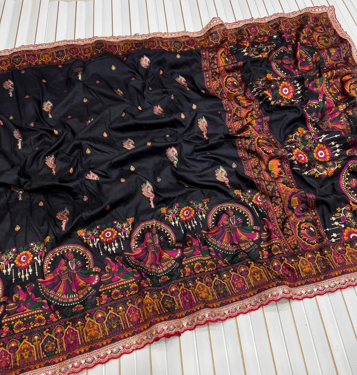 Pure Rajwadi Pashmina Silk Saree with Kashmiri Thread Work Pallu & Heavy Zari Weaving Border – Soft Pashmina Silk Saree with Butti Blouse