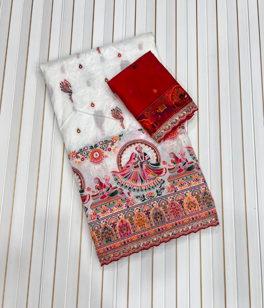 Pure Rajwadi Pashmina Silk Saree with Kashmiri Thread Work Pallu & Heavy Zari Weaving Border – Soft Pashmina Silk Saree with Butti Blouse