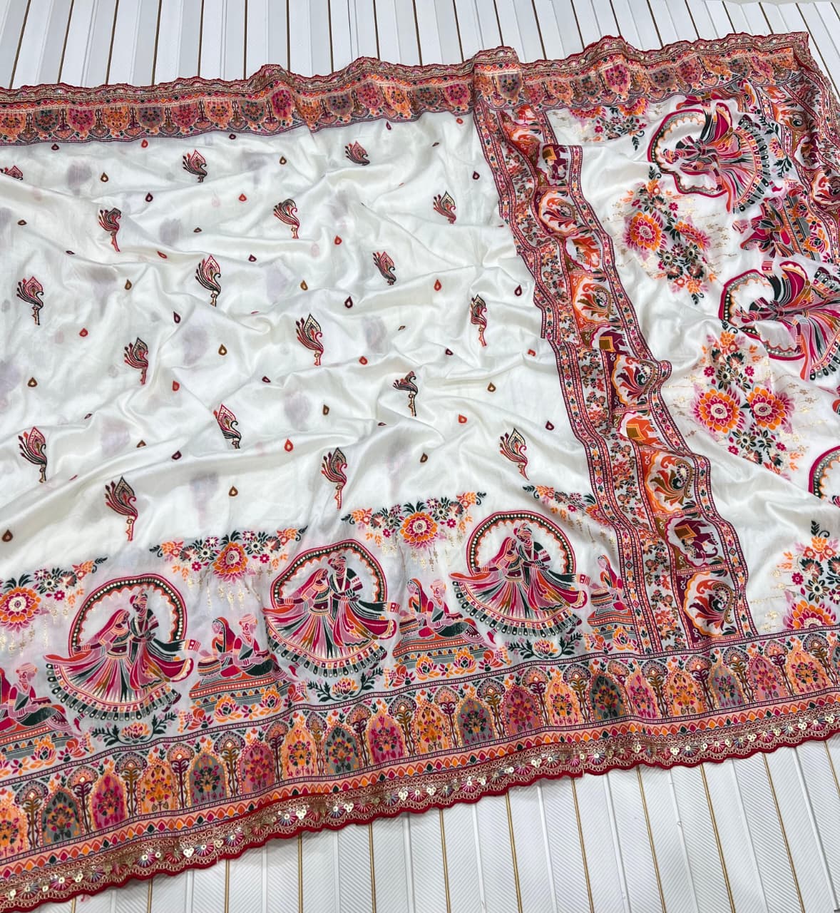 Pure Rajwadi Pashmina Silk Saree with Kashmiri Thread Work Pallu & Heavy Zari Weaving Border – Soft Pashmina Silk Saree with Butti Blouse