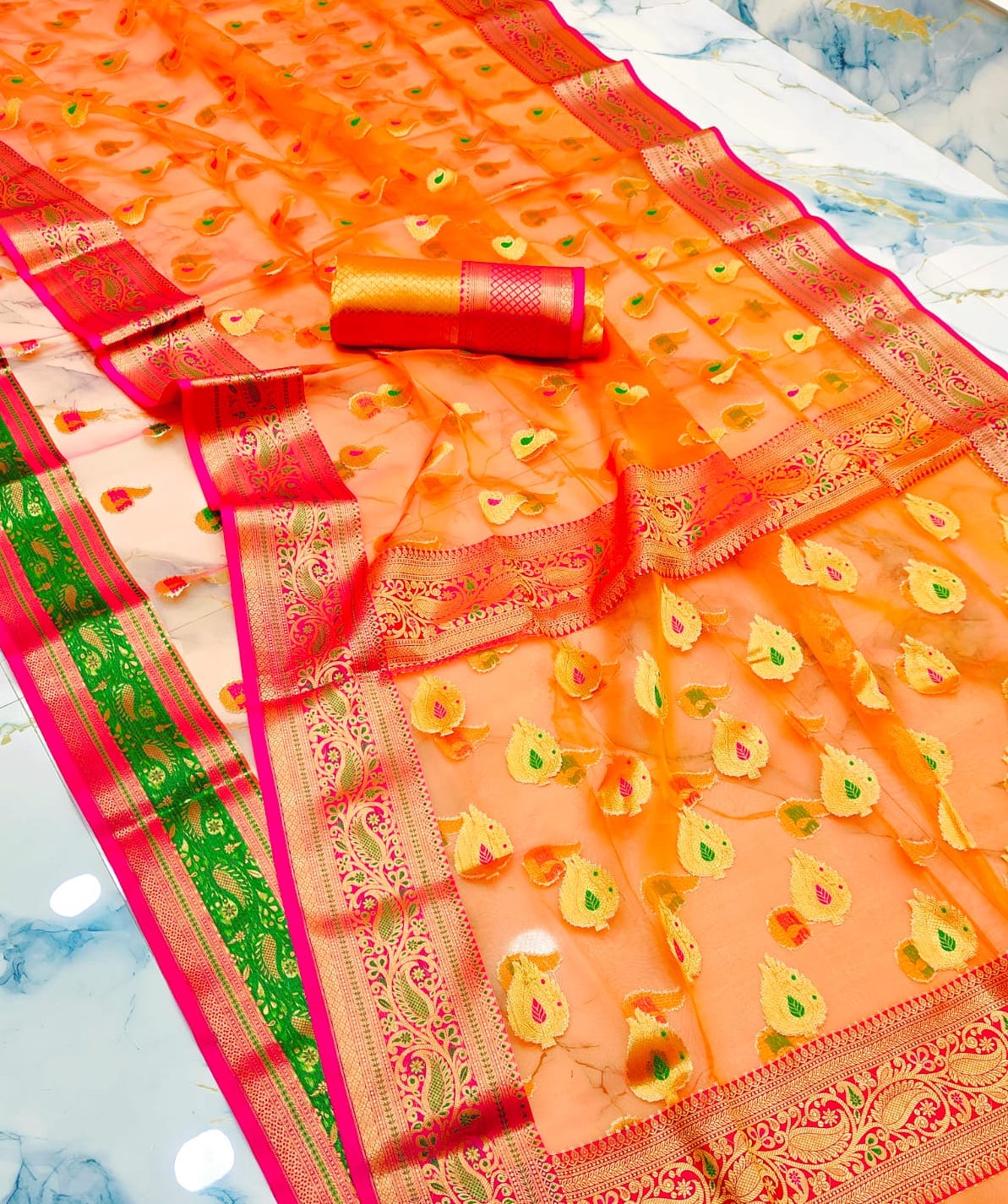 Pure Muslin Mina Banarasi Saree | Premium Muslin Banarasi Saree with Zari Weaving & Blouse Piece