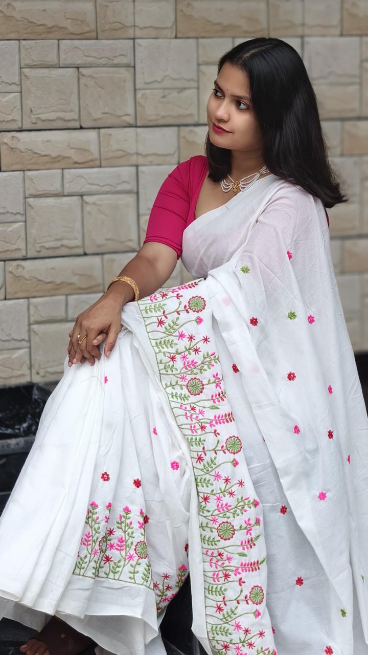 White Premium Soft Cotton Embroidered Saree with Floral Thread Work & Tassel Pallu – With Blouse Piece