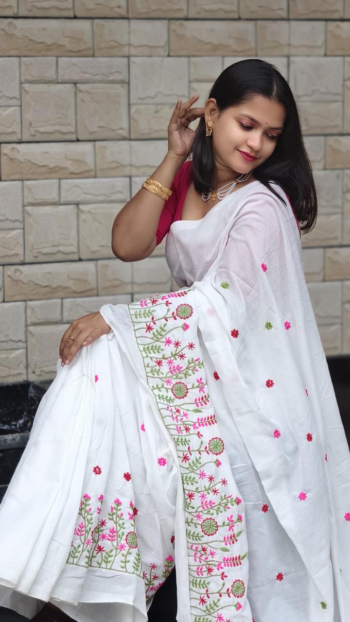 Premium Soft Cotton Embroidered Saree with Floral Thread Work