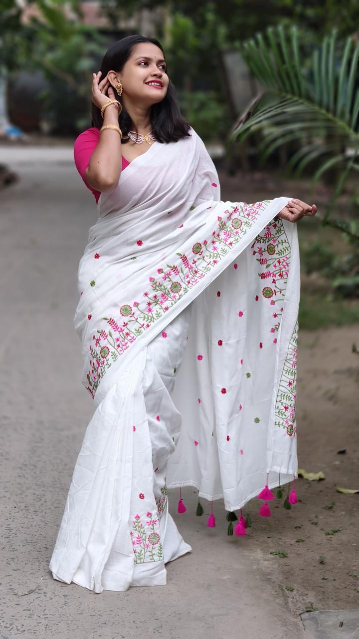 White Premium Soft Cotton Embroidered Saree with Floral Thread Work & Tassel Pallu – With Blouse Piece