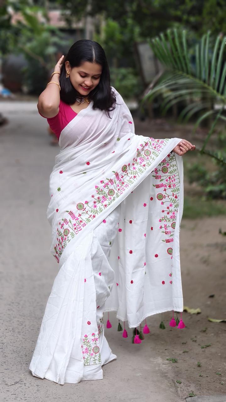 White Premium Soft Cotton Embroidered Saree with Floral Thread Work & Tassel Pallu – With Blouse Piece