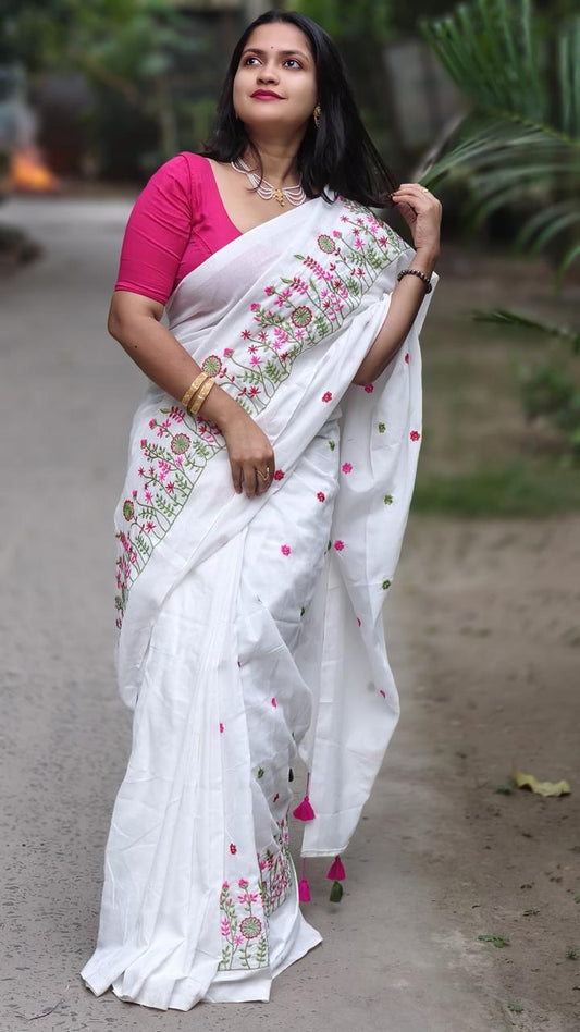 White Premium Soft Cotton Embroidered Saree with Floral Thread Work & Tassel Pallu – With Blouse Piece