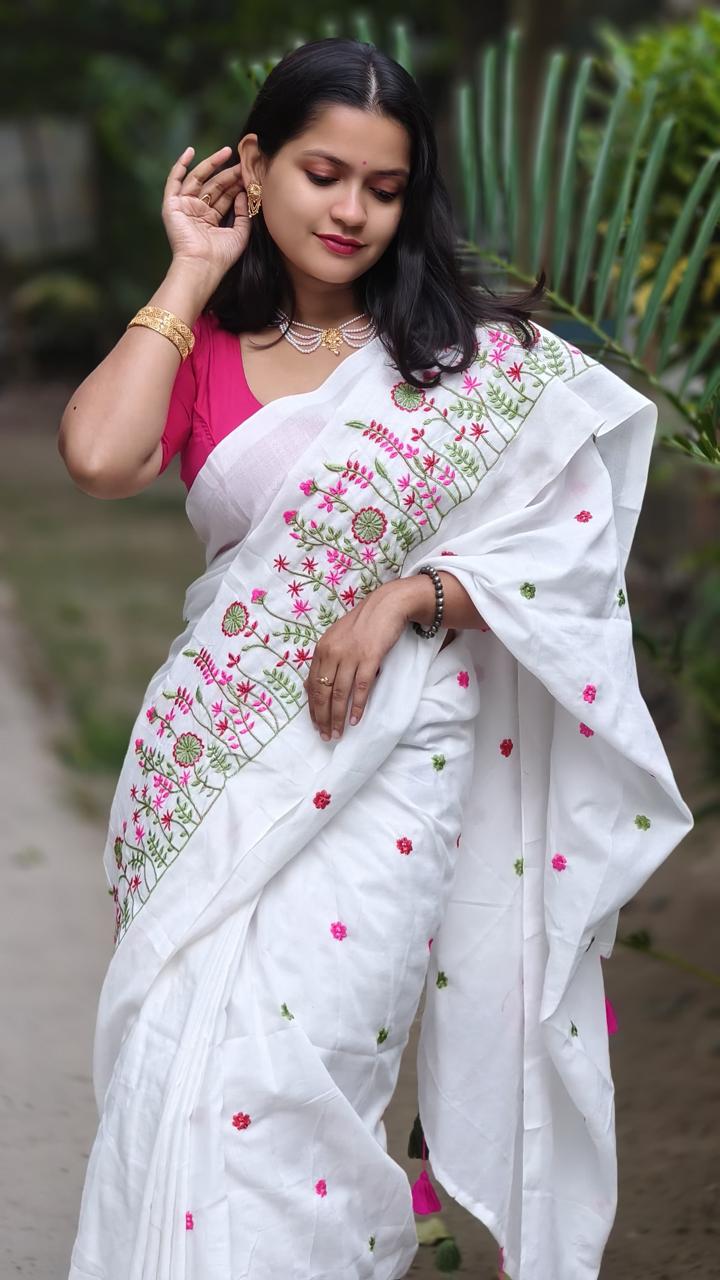 White Premium Soft Cotton Embroidered Saree with Floral Thread Work & Tassel Pallu – With Blouse Piece