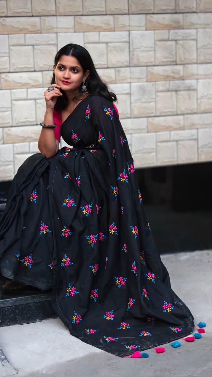 Black Premium Soft Cotton Embroidered Saree with Colorful Floral Work & Blouse Piece