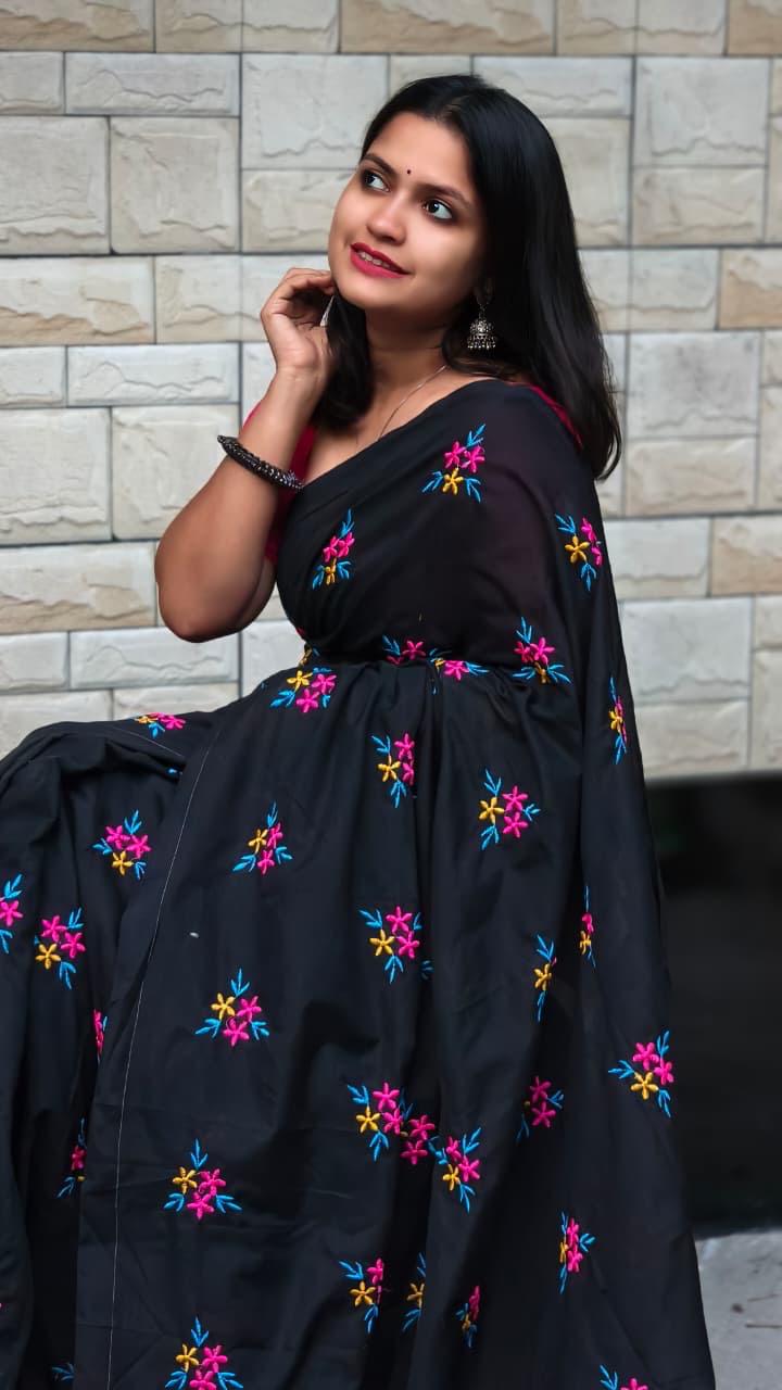 Black Premium Soft Cotton Embroidered Saree with Colorful Floral Work & Blouse Piece