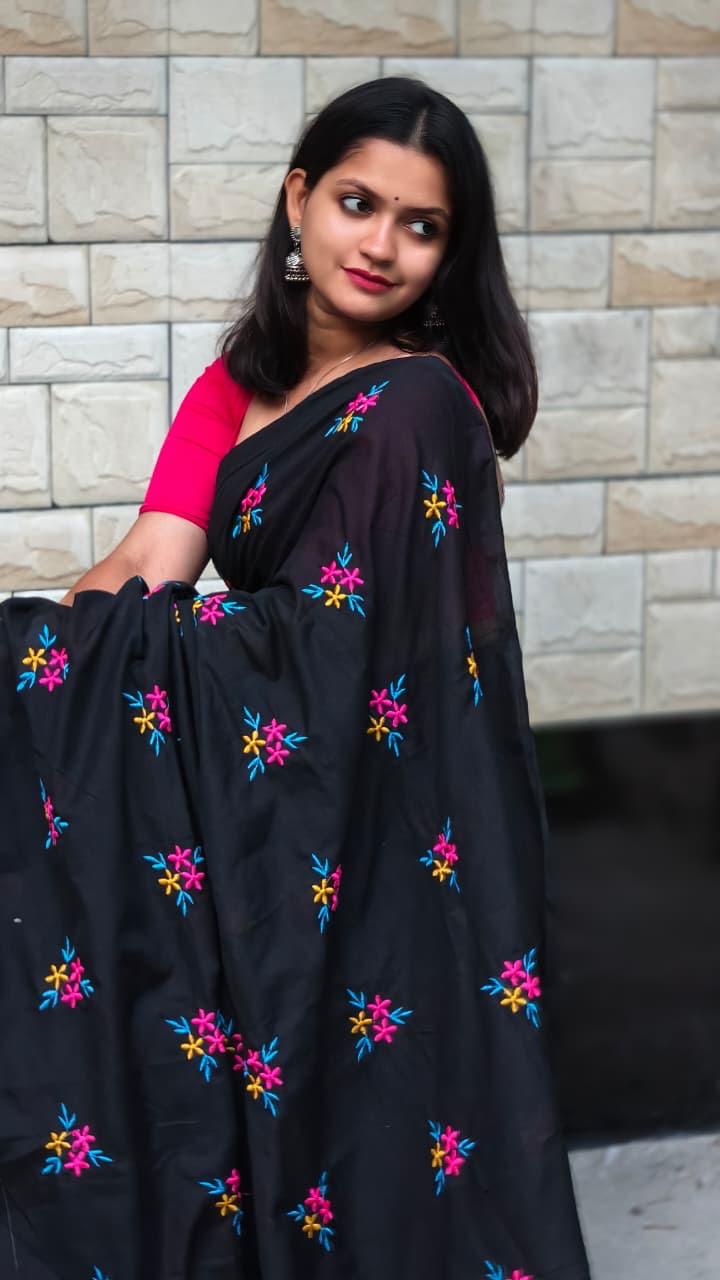 Black Premium Soft Cotton Embroidered Saree with Colorful Floral Work & Blouse Piece
