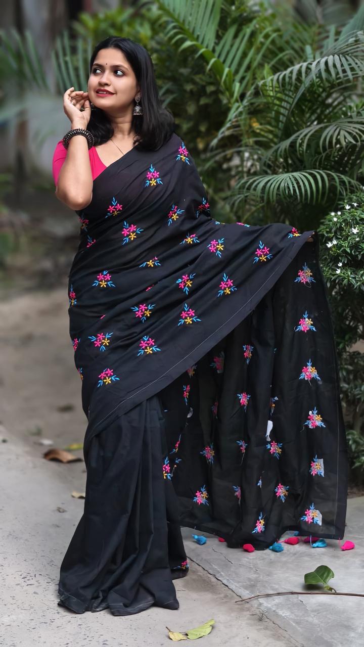 Black Premium Soft Cotton Embroidered Saree with Colorful Floral Work & Blouse Piece
